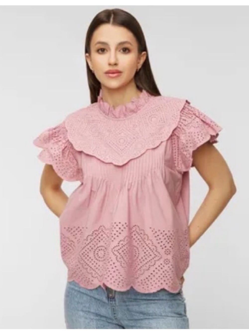 Sea New York Pink Eyelet Ruffle Bib Blouse